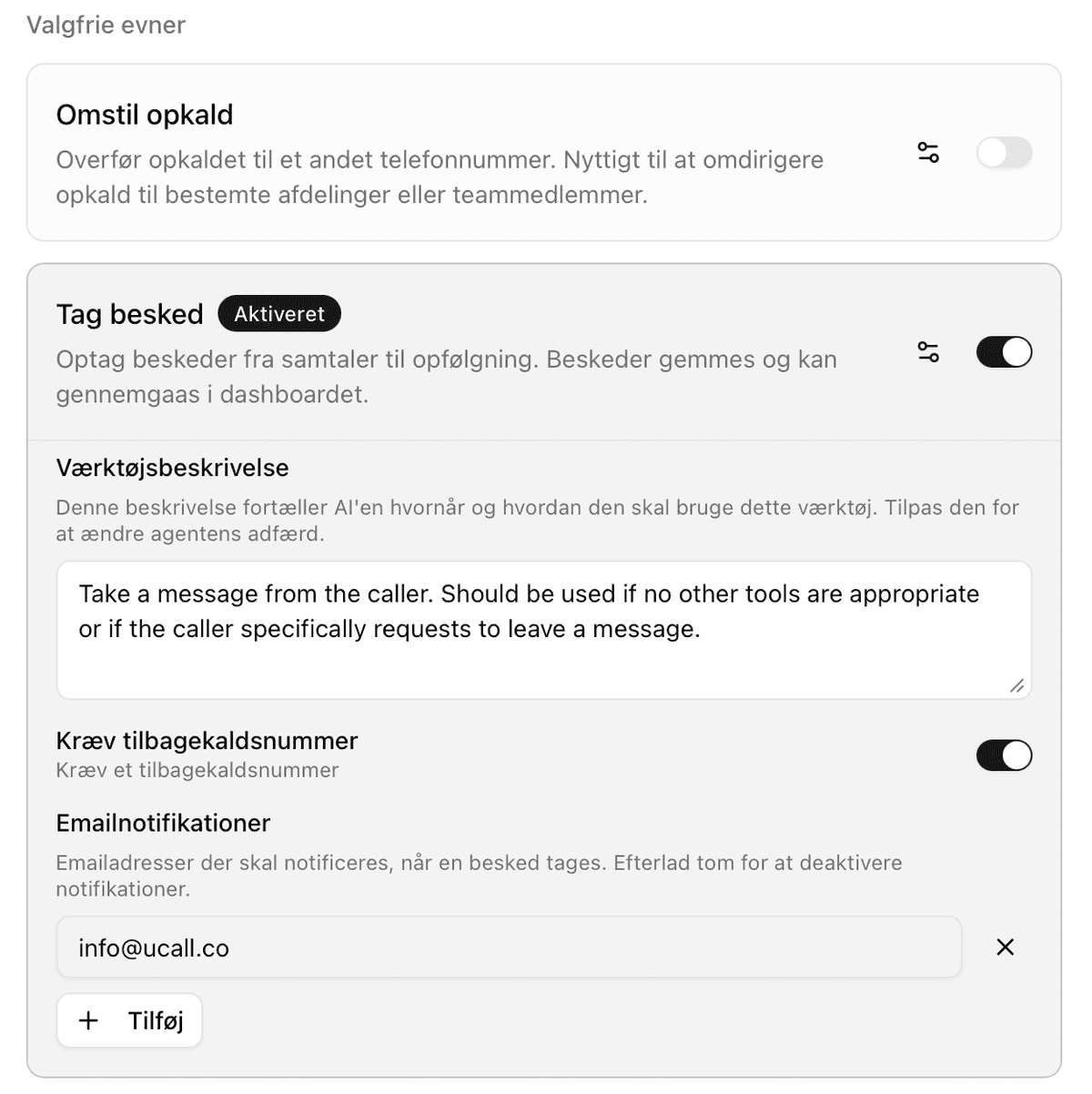 Regler for opkaldsrouting i dashboardet